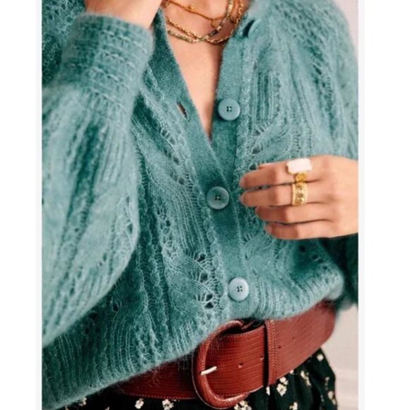 NEW Sezane Alma Cardigan XSmall Peacock Blue Kid Mohair Sweater Knit French - Picture 3 of 9